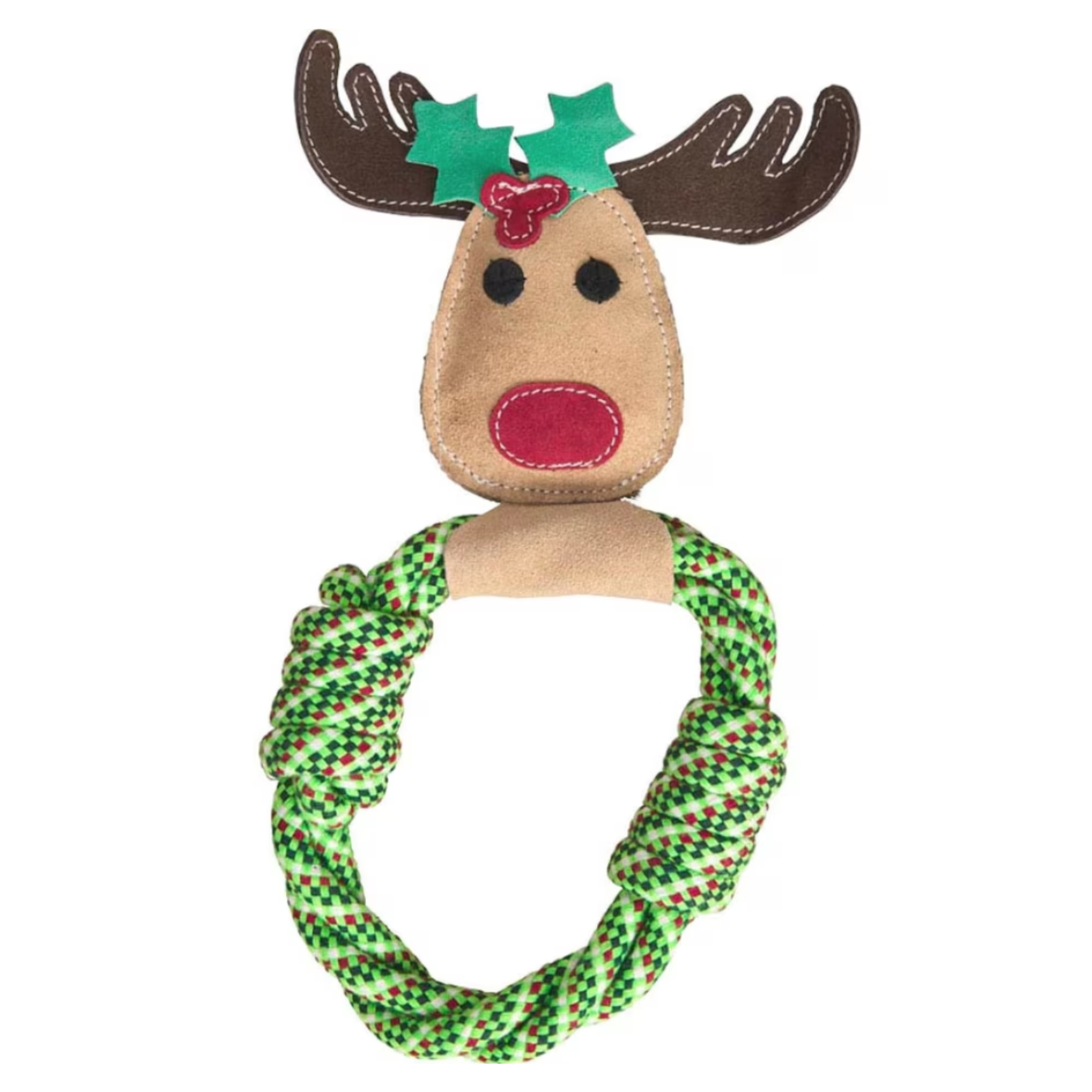 Plush reindeer toy with a green rope around its neck on a white background