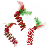 Two Christmas-themed cat toys with red, green, and white colors on a white background.