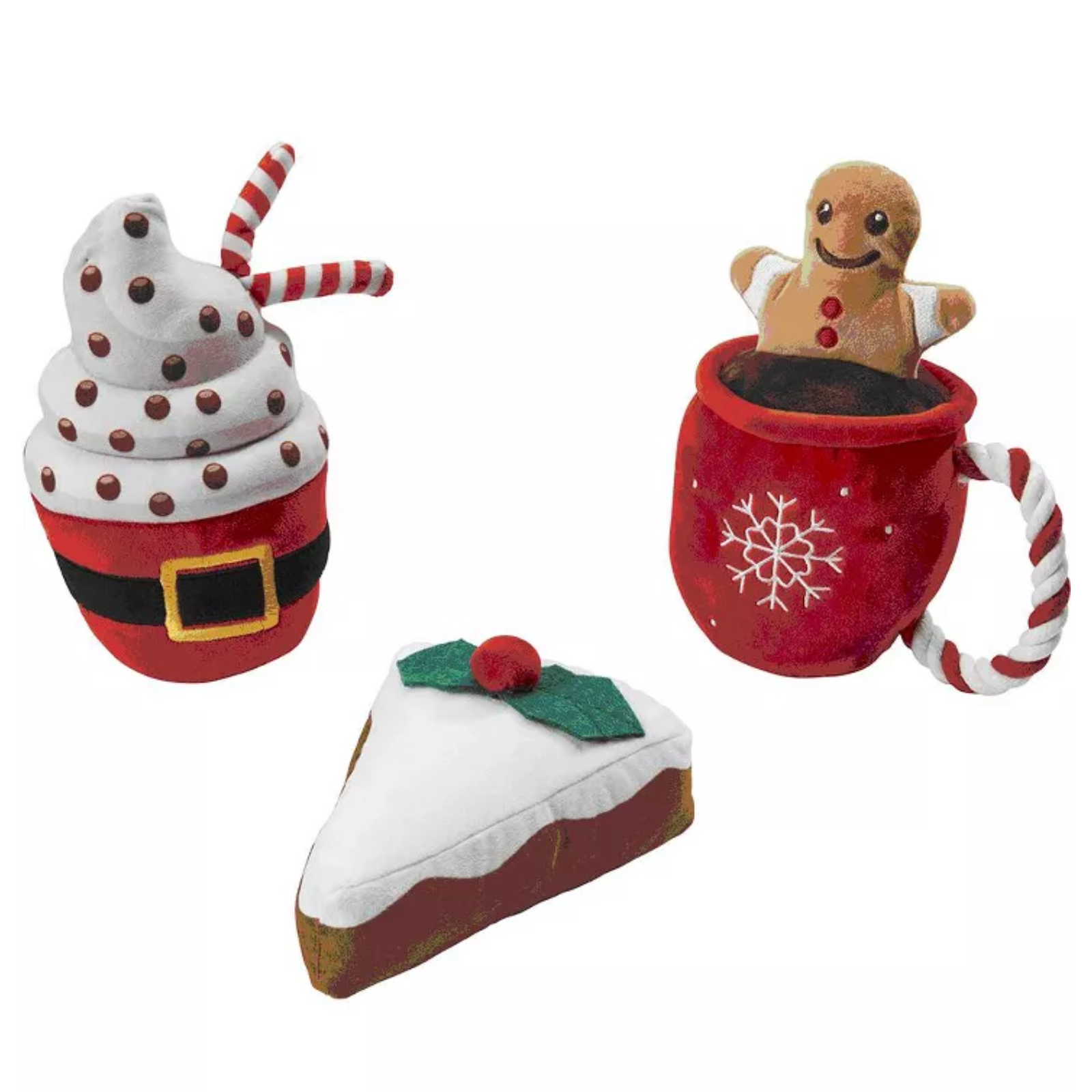 Set of three Christmas-themed figurines including a snowman, gingerbread man, and pie slice on a white background.