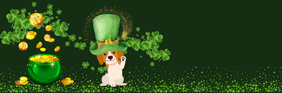 Green background shamrocks at the bottom and larger shamrocks swirling behind a pot of gold and a cartoon dog wearing a leprechaun hat
