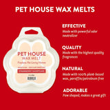 Pet House Wax Melts packaging with features on a red background