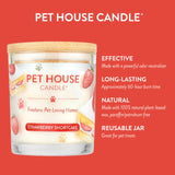 Pet House Candle Strawberry Shortcake with product features on a red background