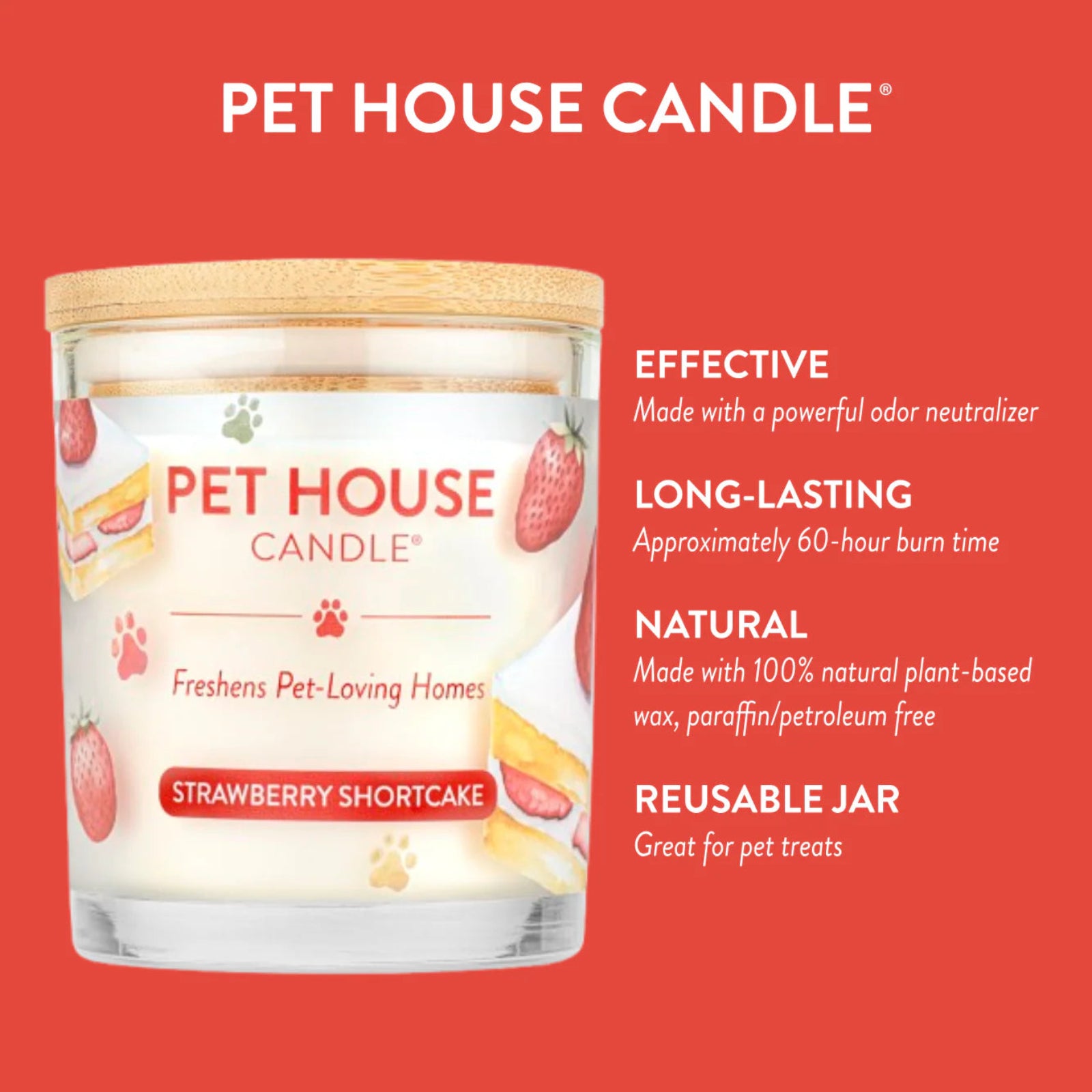 Pet House Candle Strawberry Shortcake with product features on a red background