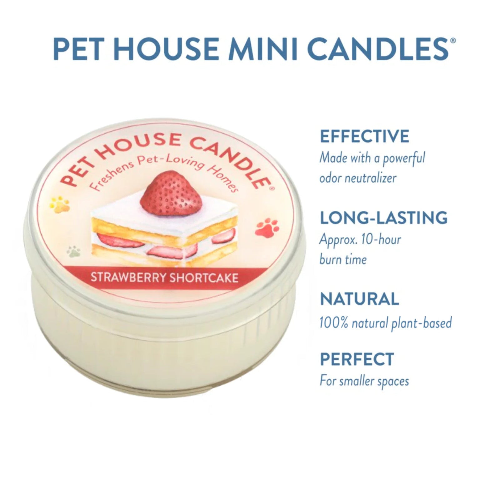 Pet House Candle in Strawberry Shortcake flavor with product details on a white background