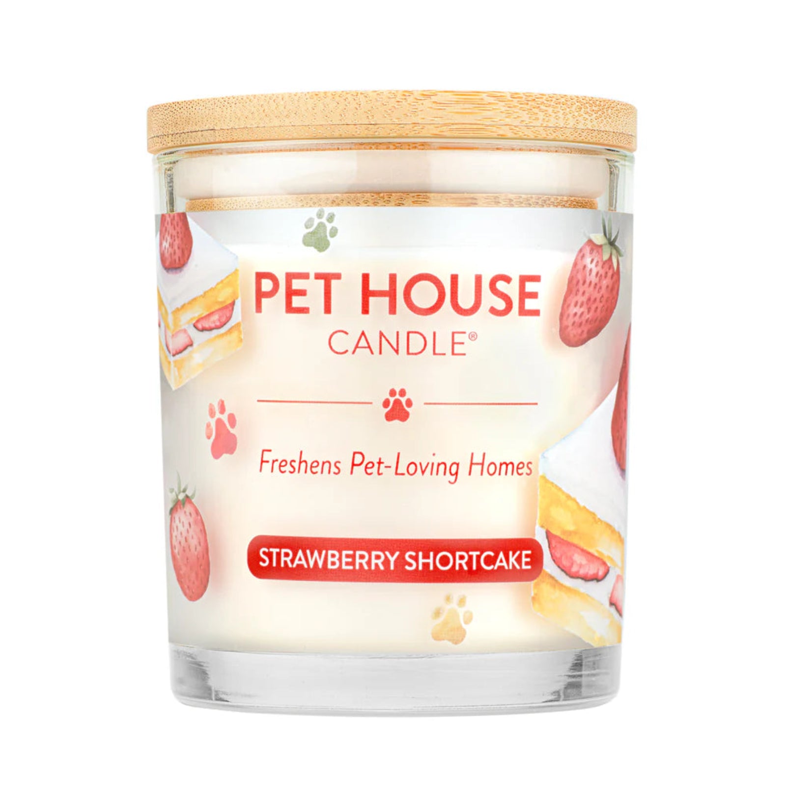 Pet House Candle with strawberry shortcake flavor on a white background