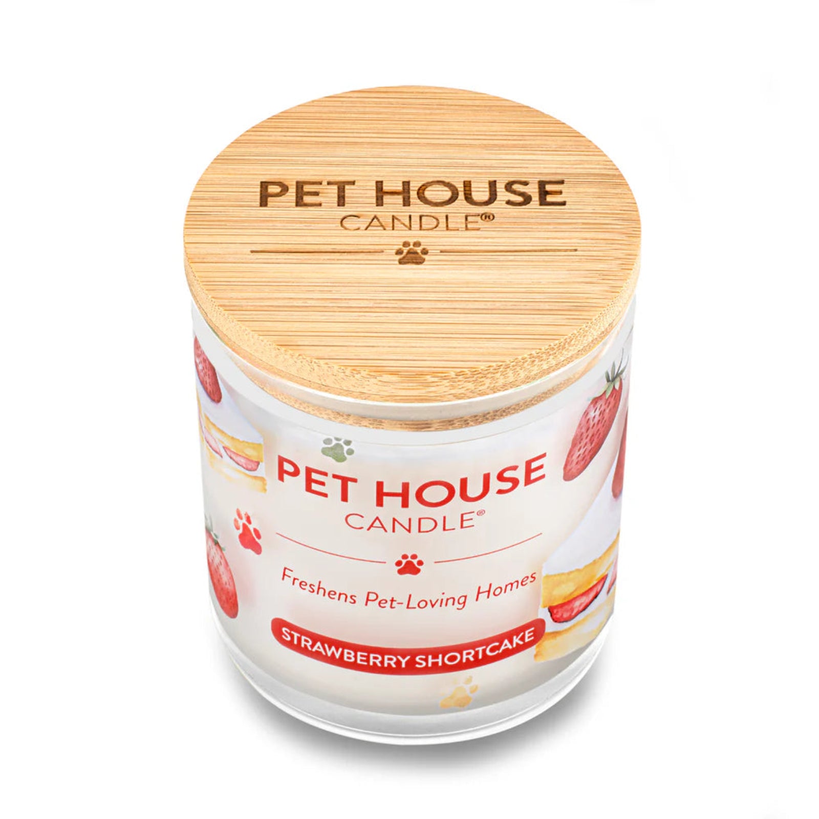 Pet House Candle with strawberry shortcake flavor on a white background