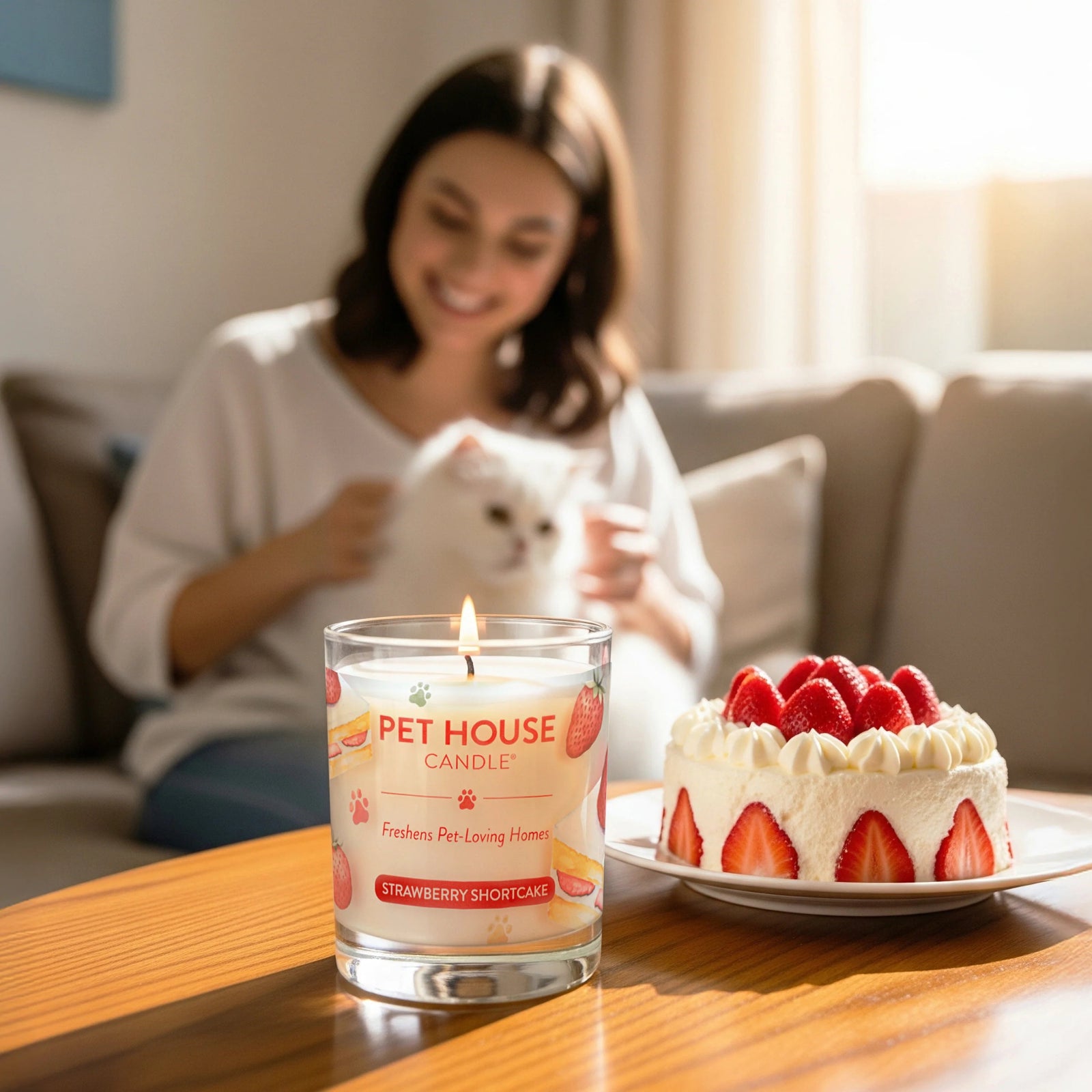 Woman with a cat, candle, and strawberry shortcake on a table