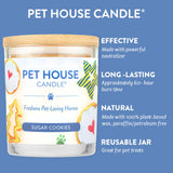 Pet House Candle with features listed on a blue background