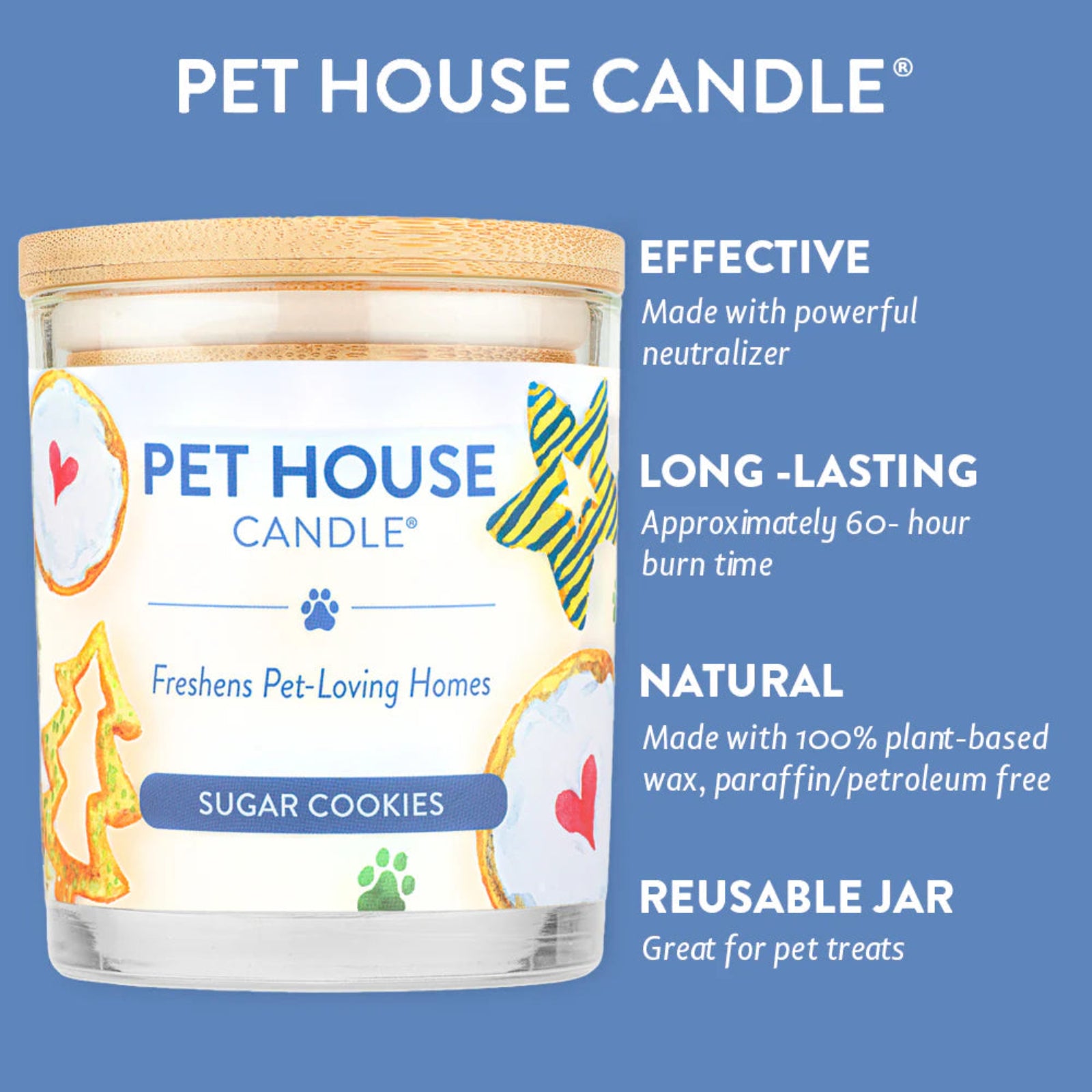 Pet House Candle with features listed on a blue background