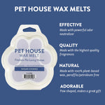 Pet House Wax Melts packaging with product details on a blue background