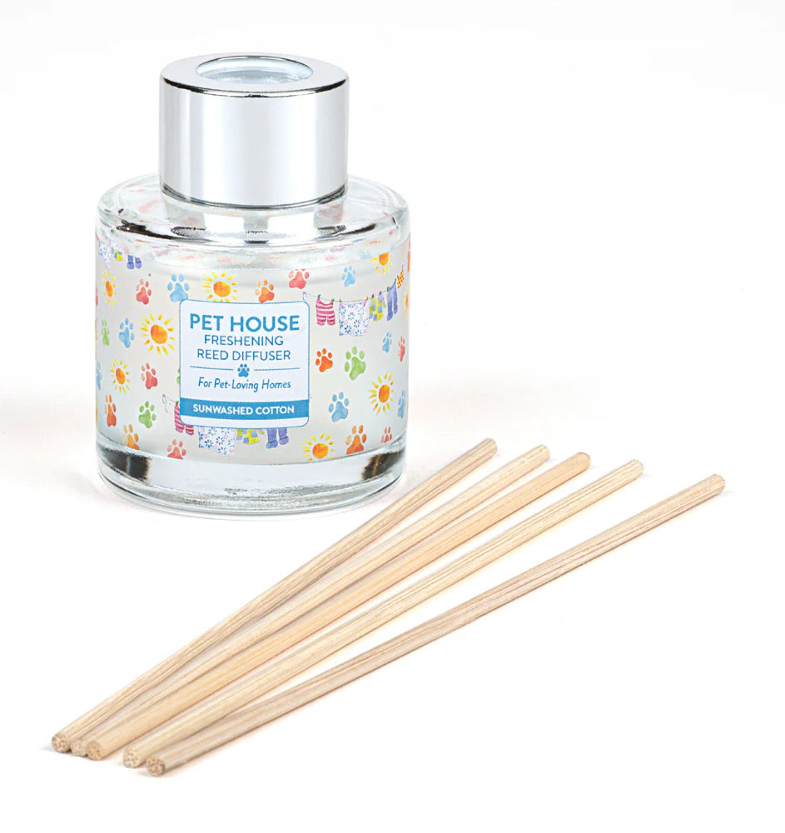 Pet House reed diffuser with wooden sticks on a white background