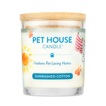 Pet House Candle labeled 'Sunwashed Cotton' with a wooden lid on a white background