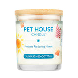 Pet House Candle labeled 'Sunwashed Cotton' with a wooden lid on a white background