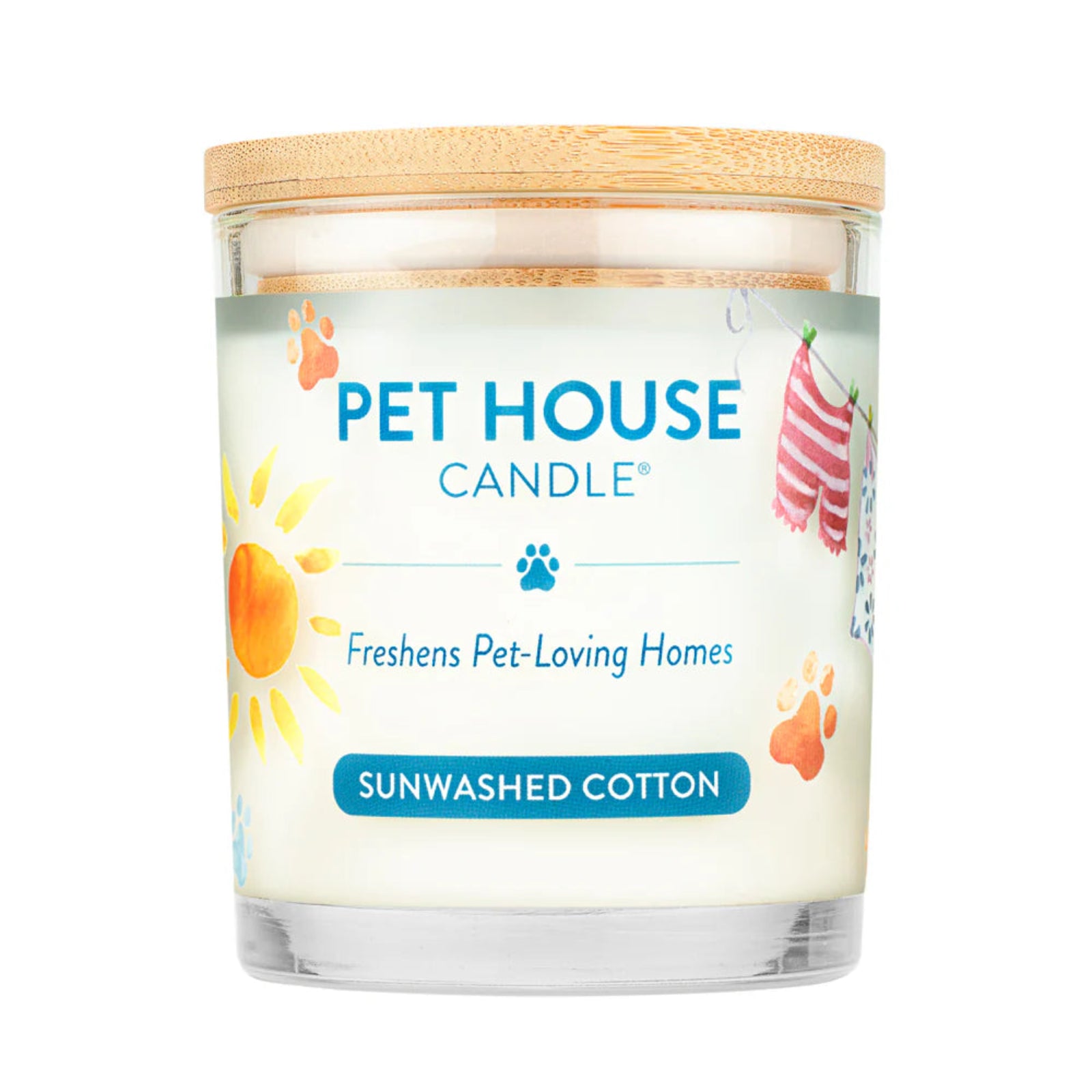 Pet House Candle labeled 'Sunwashed Cotton' with a wooden lid on a white background