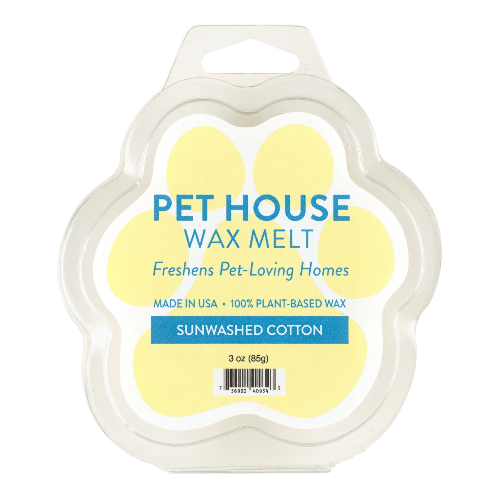 Pet House Wax Melt packaging with paw shape and 'Sunwashed Cotton' scent on a white background