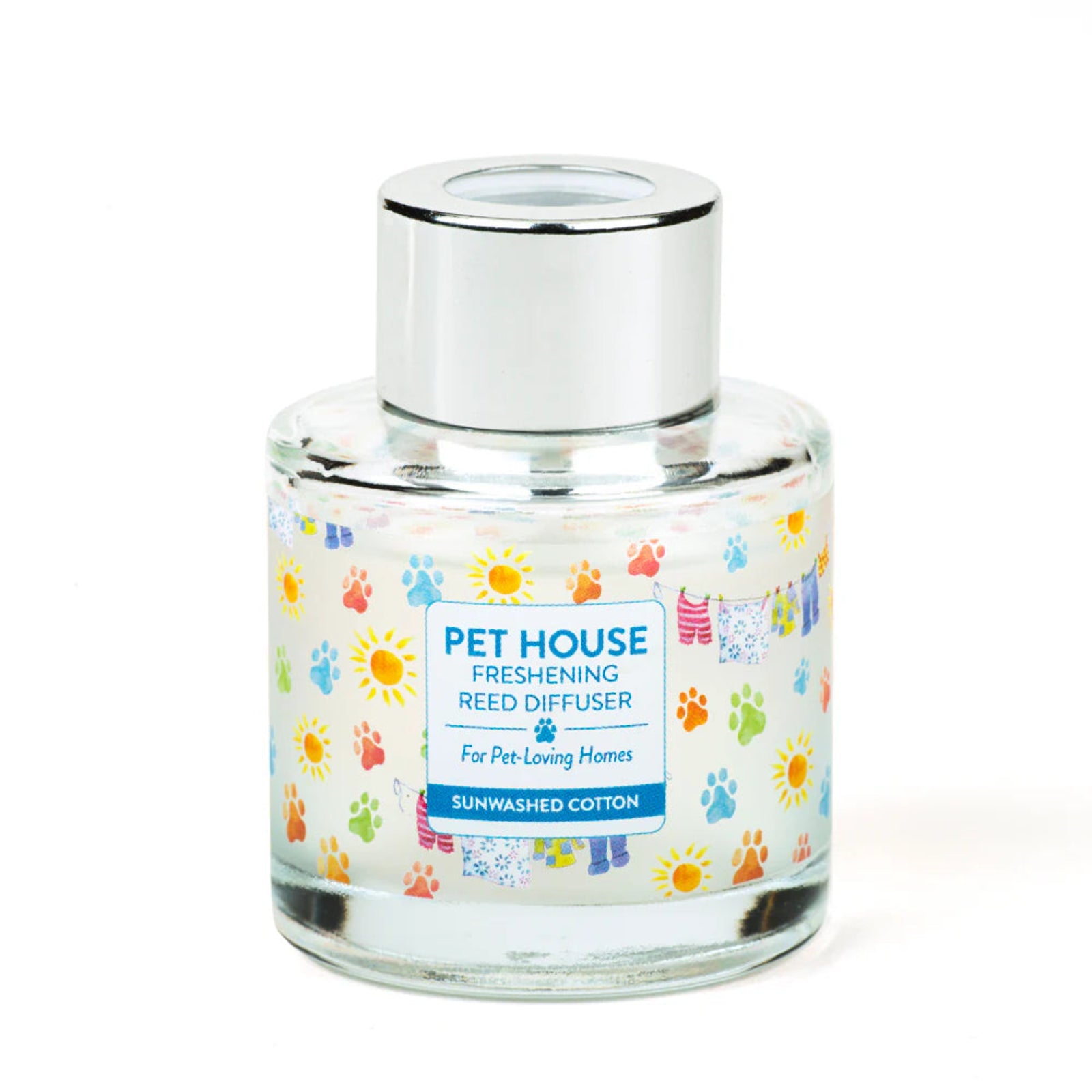 Pet House Freshening Reed Diffuser with colorful label on a white background