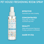 Pet house freshening room spray bottle with features on a blue background