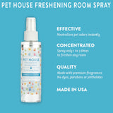 Pet house freshening room spray bottle with features on a blue background