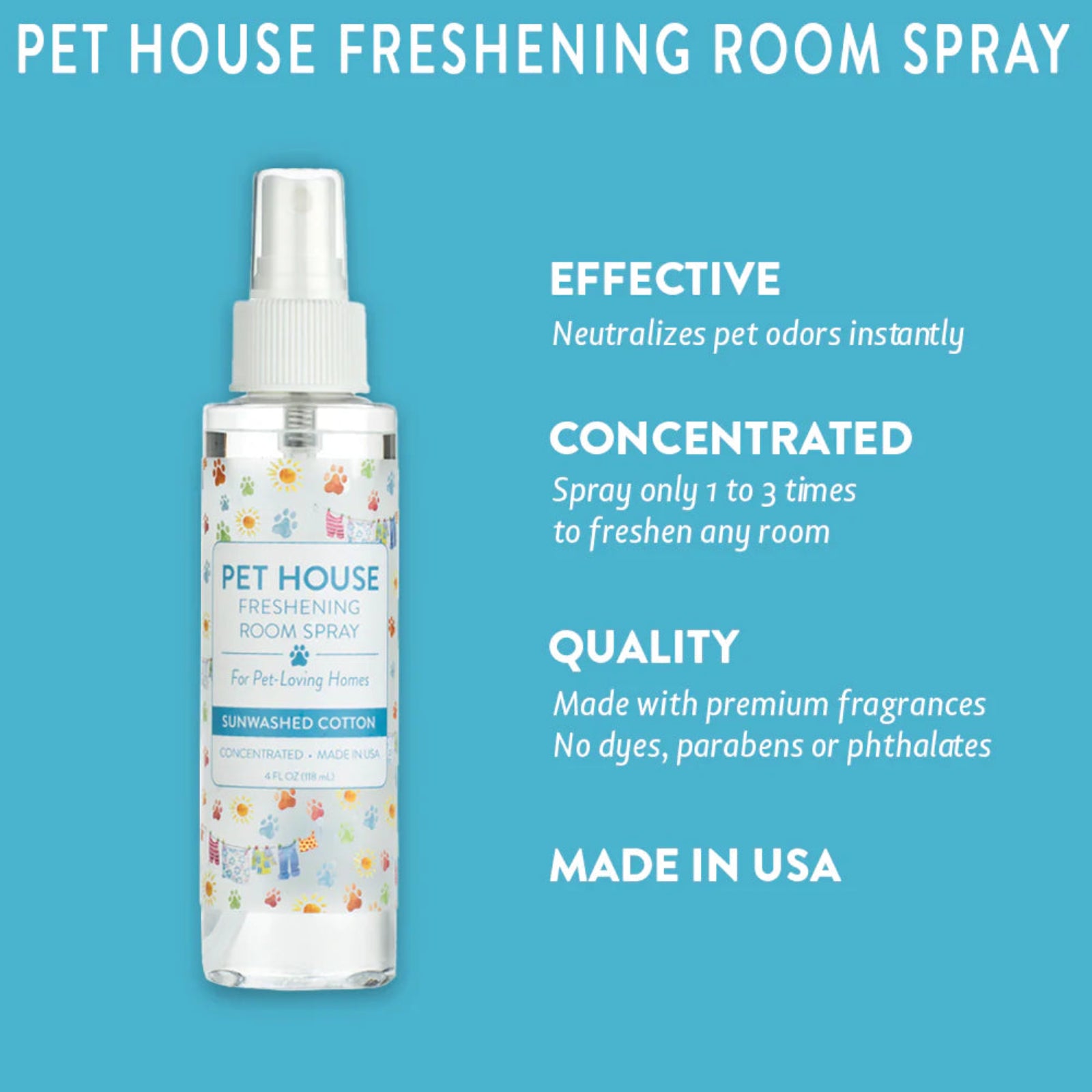 Pet house freshening room spray bottle with features on a blue background