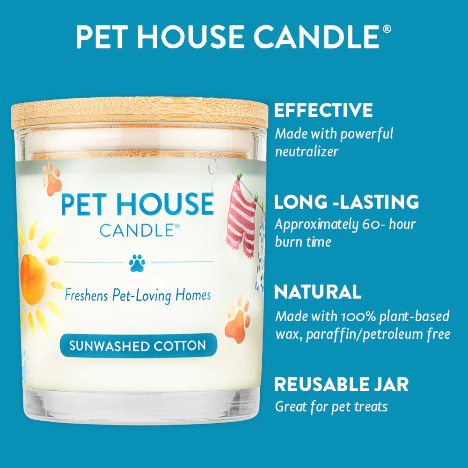 Pet House Candle with features listed on a blue background