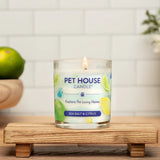 Pet House Candle on a wooden stand with lemons and limes in the background