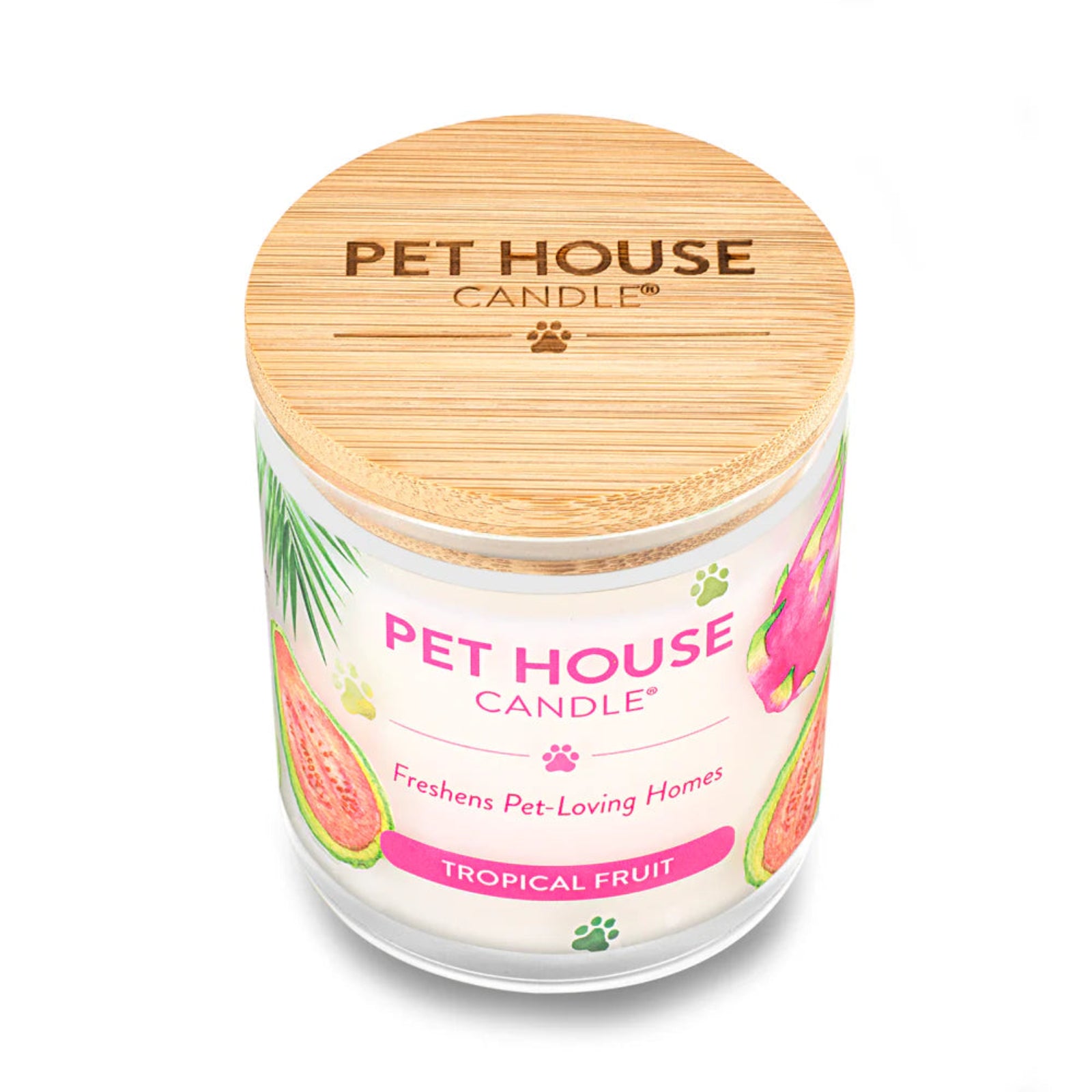 Pet House Candle with tropical fruit design and wooden lid on a white background