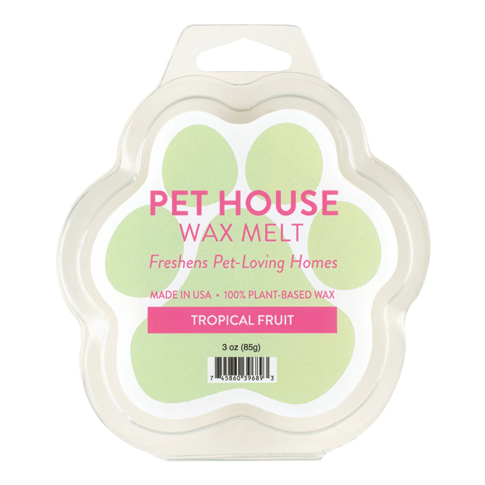 Pet House Wax Melt packaging with paw design and tropical fruit flavor on a white background