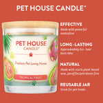 Pet House Candle with tropical fruit design on a red background