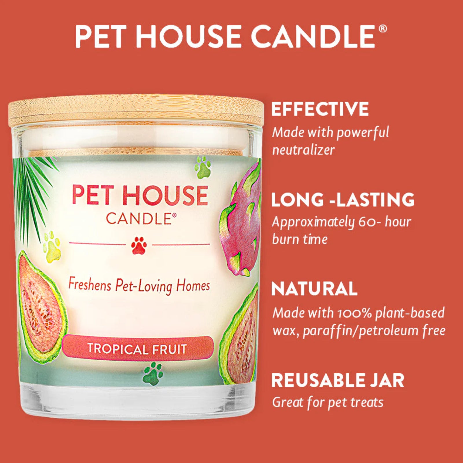 Pet House Candle with tropical fruit design on a red background