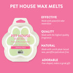 Pet House Wax Melts packaging with product details on a pink background