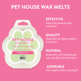 Pet House Wax Melts packaging with product details on a pink background