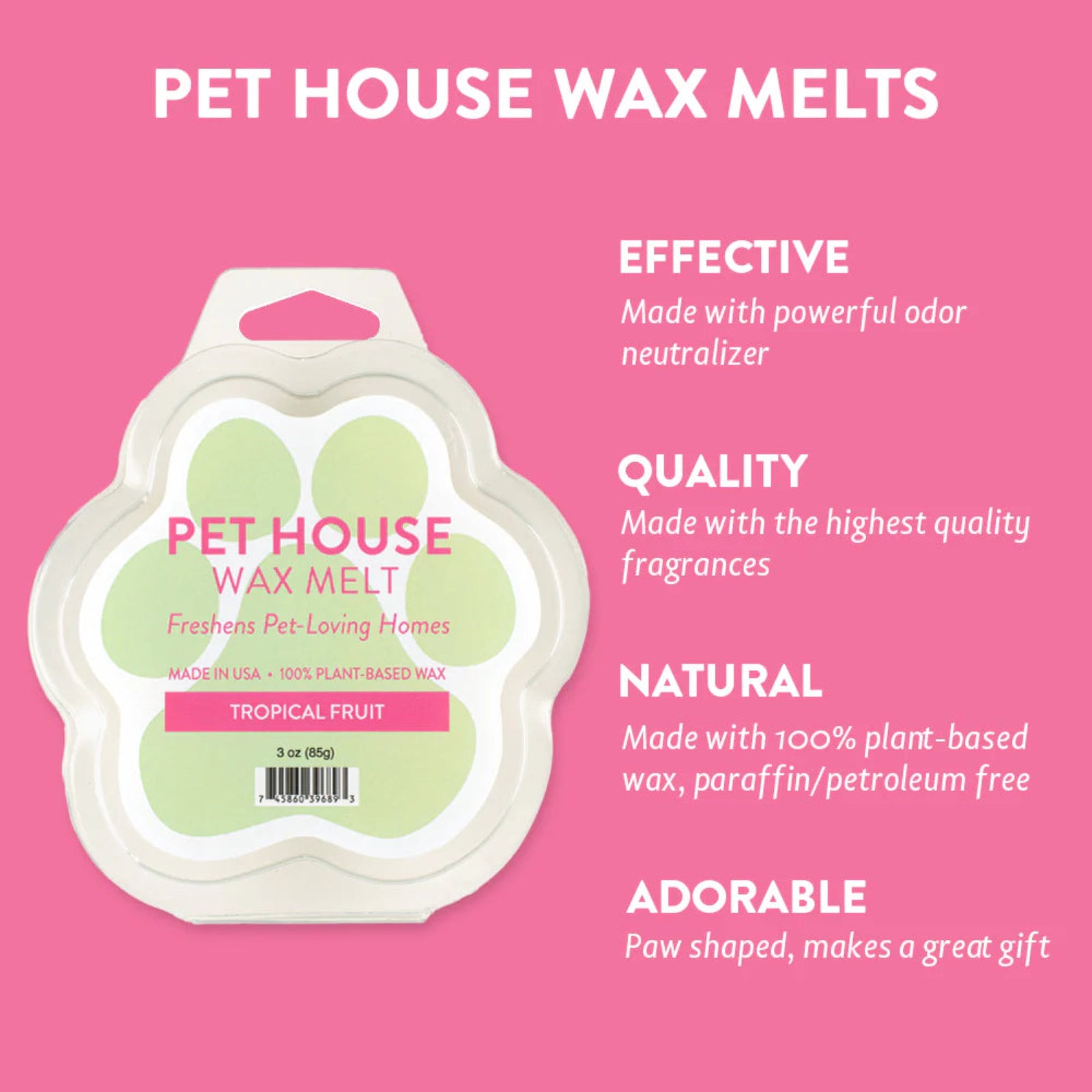 Pet House Wax Melts packaging with product details on a pink background