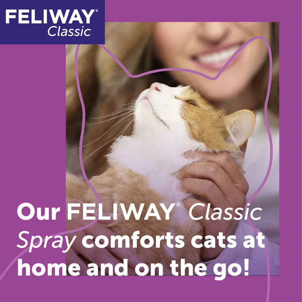Advertisement for FELIWAY Classic spray with a person holding a cat against a purple background.