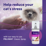 Advertisement for FELIWAY Classic Spray with a cat being petted and text about reducing stress.