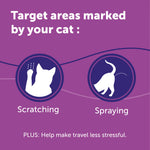 Purple background with white cat illustrations and text about cat behavior and travel stress relief.