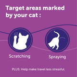 Purple background with white cat illustrations and text about cat behavior and travel stress relief.