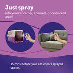 Advertisement for a spray product with images of a carrier and couch, and text on a purple background.