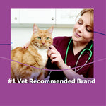 Veterinarian with a cat on a purple background with text about a vet recommended brand.