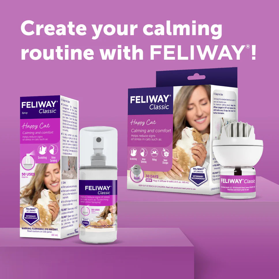 FELIWAY product packaging on a purple background with text 'Create your calming routine with FELIWAY!'.