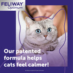 Advertisement for FELIWAY Optimum with a cat being held by a person against a purple background.