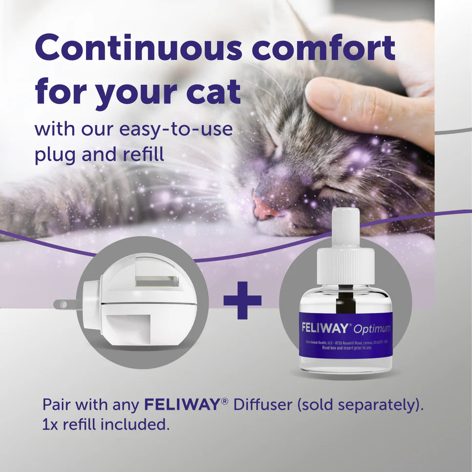 Advertisement for FELIWAY Optimal refill with a cat being comforted by a hand.