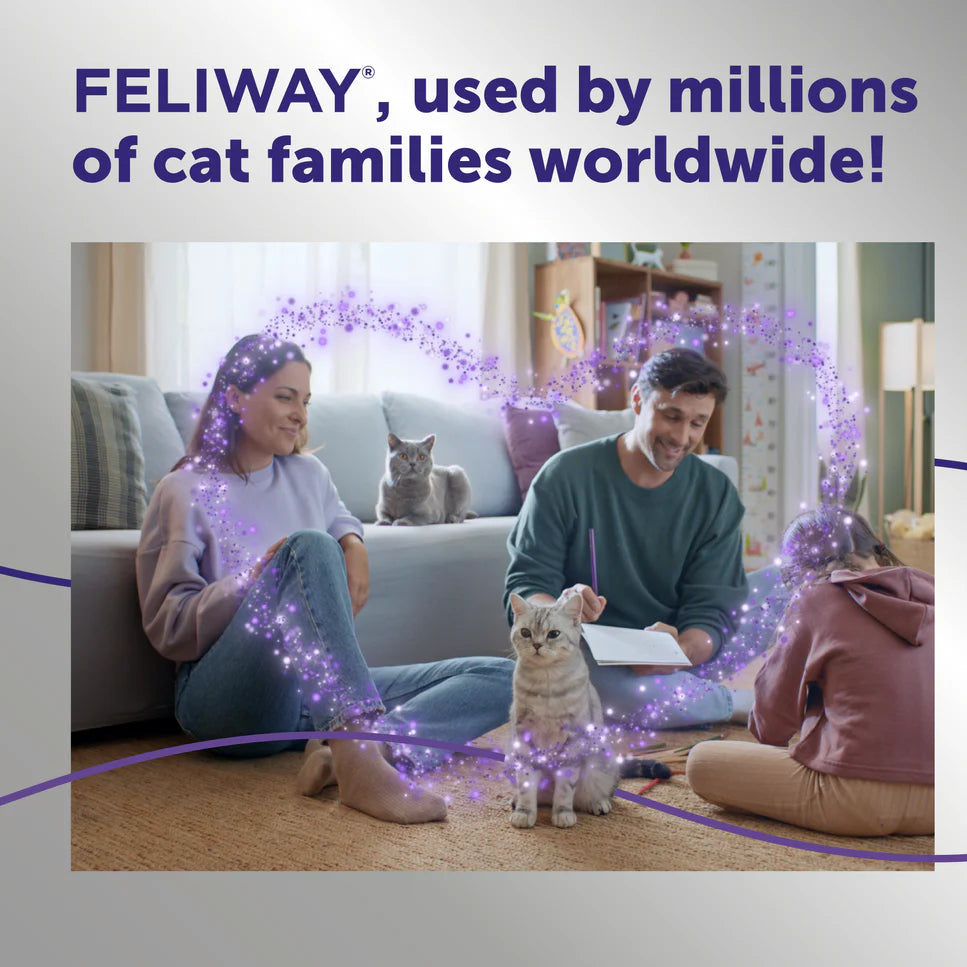 Family with cats in a living room, promoting FELIWAY usage.