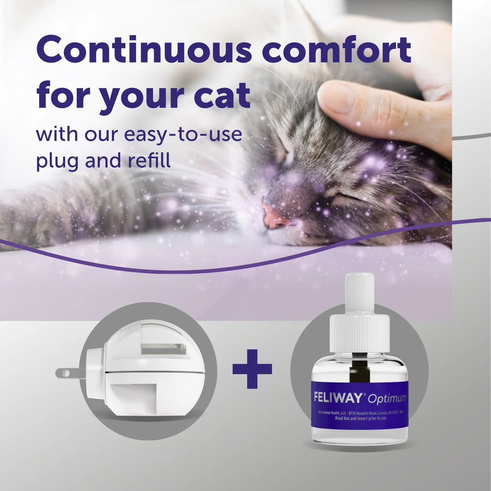 Advertisement for FELIWAY Optimum with a cat and product packaging on a light gray background.