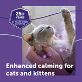 Cat being held with a hand on a purple background, text about feline stress expertise and calming for cats and kittens.