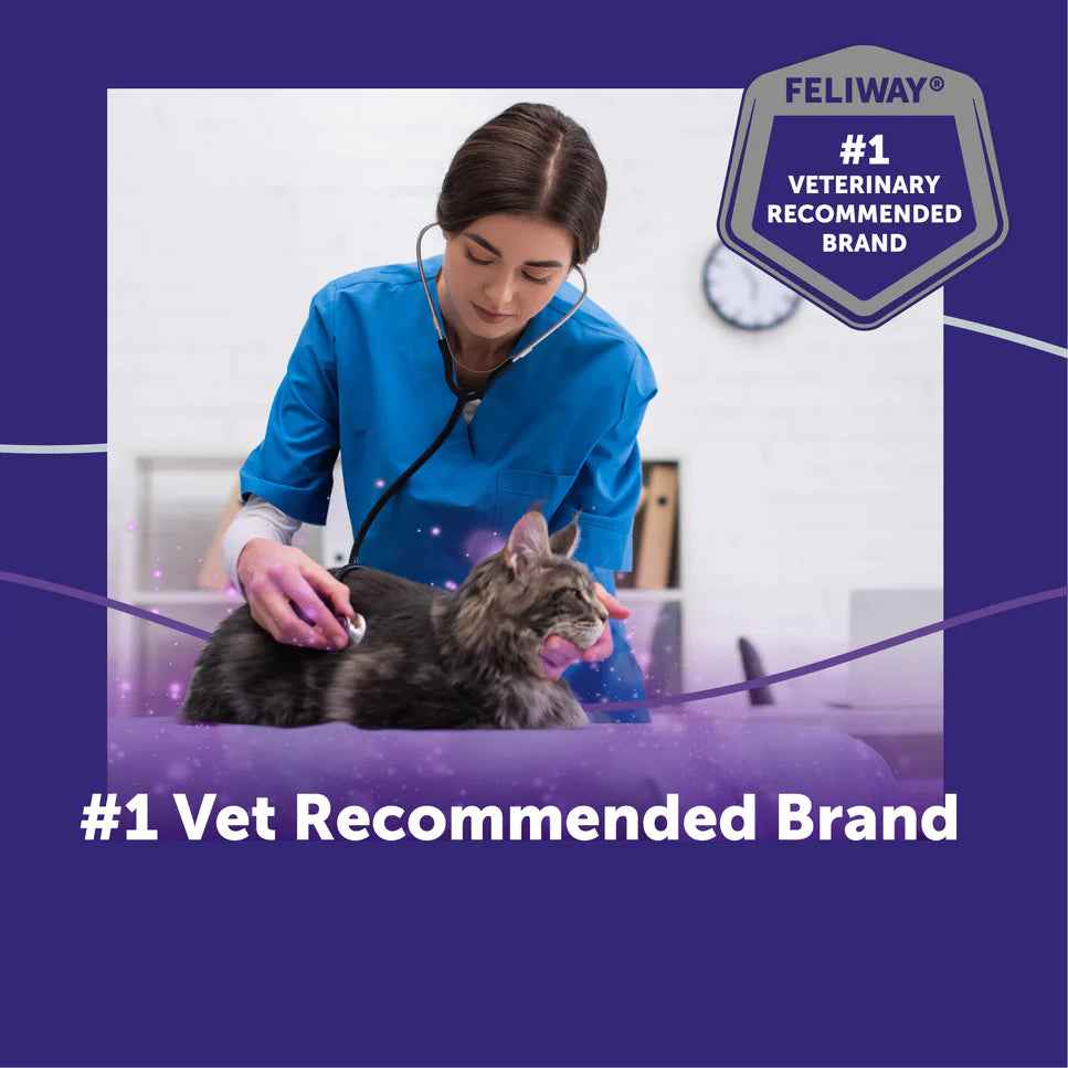 Veterinarian examining a cat with Feliway branding and text about being a #1 vet recommended brand.