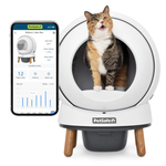 Cat using a Petsafe litter box with a smartphone displaying the app on a white background