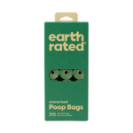 Green package of earth rated poop bags with a clear window showing the bags inside.