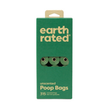 Green package of earth rated poop bags with a clear window showing the bags inside.