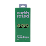 Pack of Earth Rated lavender poop bags on a white background