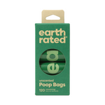 Green package of earth rated poop bags with a clear window showing the product inside.